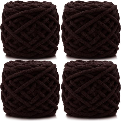 Lighterday 4×100g Rollen Chenille Wolle Zum Häkeln Dick Garn Flauschige Dicke Wolle zum Häkeln und Stricken,Chunky Yarn für Anfänger,Ideal für Schal,Blanket,Mützen,Pullover und Taschen(Braun)