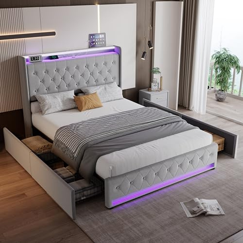 Gxffipw 4ft6 Upholstered Double Bed Frame with LED Light and Charging Socket, Storage Bed 135x190 cm with 4 Drawers and Button Headboard, Velvet Double Beds, Drawers with Wheels, Grey, No Mattress