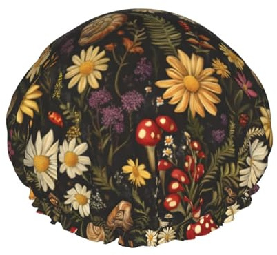 Large Shower Caps for Women Reusable - Vintage Mushroom Plant Print Comfy Fashion Double Layer Hair Cap for Shower with Elastic Rope and Peva Lining