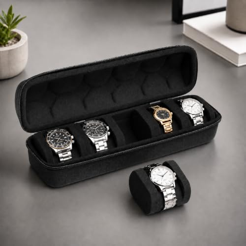VAVPUP 5-Slot Hard Watch Travel Roll Case - Anti-Slip Pillow Watch Organizer for Men Women,Shockproof Dustproof Moistureproof with Zipper Closure(1pcs-black)