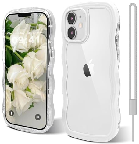 Andwing für iPhone 12/12 Pro hülle 6,1 Zoll Weiß | niedlicher Wellenrahmen,lockige Form,stoßfeste harte PC-Telefonabdeckung für Frauen und Mädchen