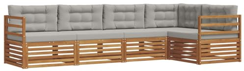 vidaXL Outdoor-Sofagarnitur mit Kissen 5 pcs Natürlich und Hellgrau, Gemütliches Outdoor-Set, modernes Ecksofa, robuster Loungesessel, Gartenmöbel, Terrasse zum Relaxen