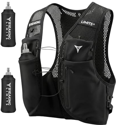Breaking Limits Laufweste Damen Herren mit Trinkflasche - Running Vest | Trinkweste Laufen, Laufrucksack Herren & Damen, 500ml Trinkflasche, Ultraleicht, Jogging Weste, Men & Women with 2 Soft Flask