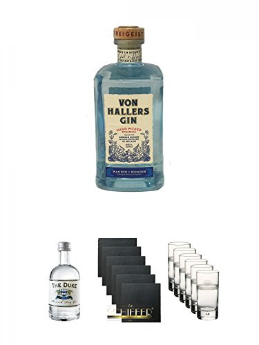 Von Hallers Gin 0,5 Liter + The Duke München Dry Gin Bio 5 cl + Schiefer Glasuntersetzer eckig 6 x ca. 9,5 cm Durchmesser + The London No. 1 Longdrinkglas 6 Stück
