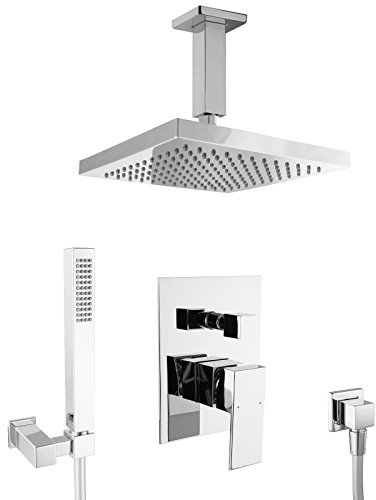 PaulGurkes Unterputz Duschset Duschsystem Regendusche Armatur Set Dusche Brause Deckenarm Komplett Regenbrause Kopfbrause eckig 2-Wege Einhebelmischer Handbrause Regenduschkopf