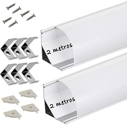 Profilé en aluminium angulaire L pour ruban LED, avec diffuseur opaque, angle de 90°, en bandes de 2 m, canal avec support de montage, couvercles finaux, pack 4 mètres