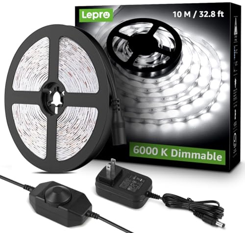 Lepro LED Strip Light, 32.8Ft Dimmable Vanity Lights, 6000K Super Bright LED Tape Lights, 600 LEDs SMD 2835, Strong 3M Adhesive, Suitable for Home, Kitchen, Under Cabinet, Bedroom, Daylight White