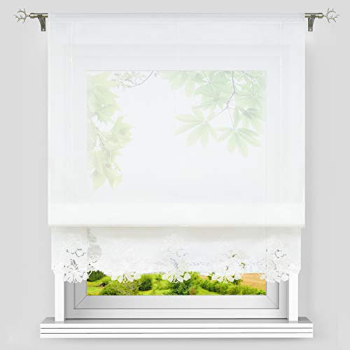 Heichkell Voile Weiße Raffgardine Bestickt Transparentes Raffrollo mit Tunnelzug Klassischer Vorhangschal Küche Gardine Blumenstickerei Borte BreitexHöhe 100x155cm