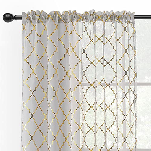 Kotile 2 durchscheinende Vorhänge in Grau und Gold, 244 cm, mit marokkanischem Bogenmuster, metallisch, Saum für Stange, Lichtfilterung und Privatsphäre, 132 x 244 cm (B x L)
