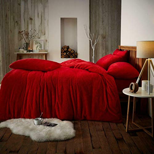 VL Teddybär-Bettbezug-Set aus Fleece, Thermo-Bettwäsche und Kissenbezüge, Rot
