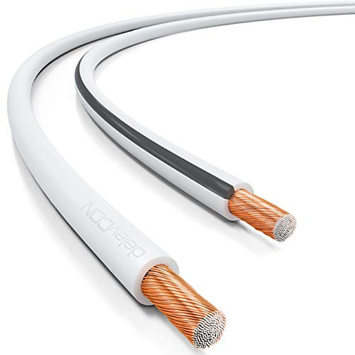 deleyCON 50m Cable de Altavoz 2x 0,75mm² Aluminio Recubierto de Cobre CCA Marca de Polaridad 2x24x0,20mm Trenza BauPVO/CPR - Blanco