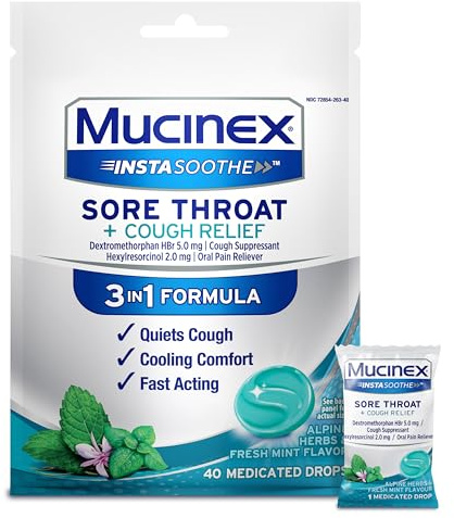 Mucinex InstaSoothe Sore Throat + Cough Relief Alpine Herbs & Mint Flavor, Fast Acting, Cooling Comfort, Powerful Sore Throat Oral Pain Reliever, 40 Medicated Drops