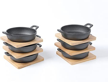 HAWOK Mini-Servierschale aus Gusseisen, Durchmesser 11,9 cm, mit Bambus-Tablett, 6 Stück