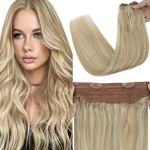 Fshine Draht Extensions Echthaar 45cm 80g Secret Hair Extensions Aschblond Hervorgehobenes Goldblond Flip in Extension Echthaar Farbe 16P22