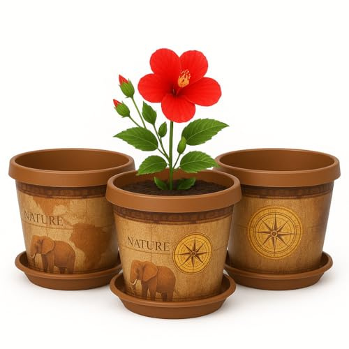Home Garden Ornaments Plant Pots Indoor Outdoor Decorative Plastic Flower Pots with Saucer, Chocolate Safari Pattern – Set of 3, Indoor Plant Pot (19 cm / 7.5 inch)