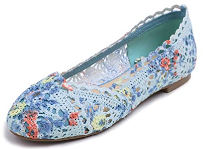 Feversole, runde Spitze, Ballerinas, Häkelschuhe, flach, bequem, atmungsaktiv, Blaue Blume Häkeln, 39 EU