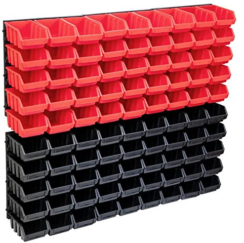 vidaXL Kit de Bacs de Stockage et Panneaux Muraux 96 pcs Boîte d'Empilage Système de Stockage d'Outils Garage Atelier de Bricolage Rouge et Noir