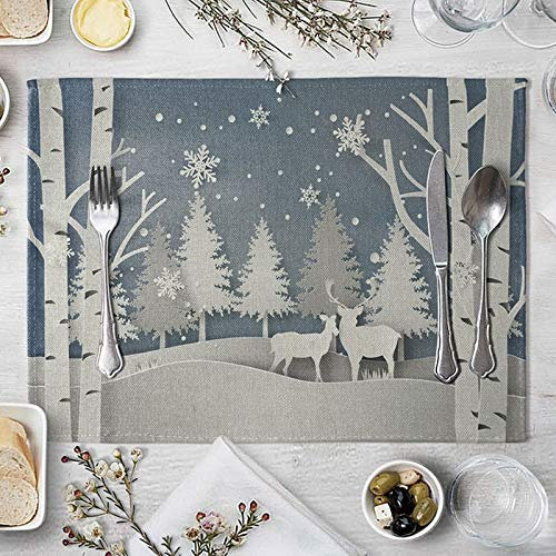 Lieson Tischset 4er Set, Platzdeckchen rutschfest Abwaschbar, Tischsets Baumwolle Leinen Waldbaum und Hirsch Grau Blau 40x30CM