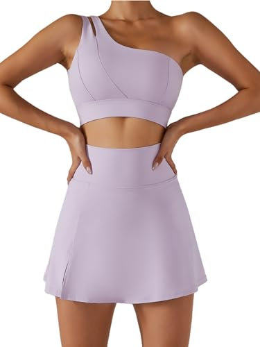 Women's Tennis Skirts Sport Bra Sets High Waisted Golf Skorts Skirt One Shoulder Sports Bra Running Workout Activewear, Lilac, S