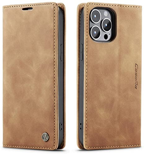 ZOETEC Wallet Case for iPhone 14 Pro Max PU Leather Flip Magnetic Case With Card Slots/TPU Shell, Anti-Slip & Shockproof (Brown)