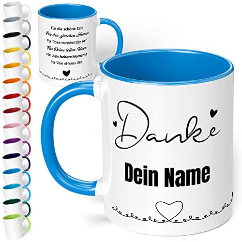 Dankeschön Geschenk für Freunde & Kollegen: Danke Tasse mit Namen „Danke für die schöne Zeit“ - personalisierte Kaffeetasse mit Spruch als moderne Dankeskarte | Abschiedsgeschenk (Cambridge Blau)