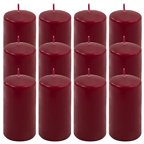 Nexos Weinrote Stumpenkerzen, Höhe 11,5 cm, Ø 6 cm, 12 Stück, Neutral, Unparfümiert, Zylindrisch, Indoor, Feierlichkeiten, Gleichmäßige Verbrennung, Lange Brenndauer