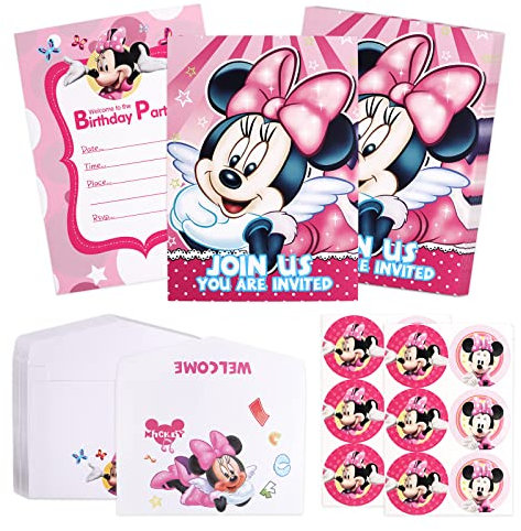 12PCS Minnie Mouse Einladungskarten Mit Umschlag, Einladungskarten Minnie Mouse, Einladungskarten Kindergeburtstag, Minnie Party-Einladungskarte, für Mädchen Kinder