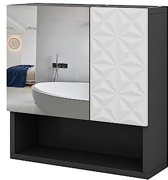 Vicco Badspiegelschrank Edge, Schwarz/Weiß, 54 x 55 cm mit Tür und offenen Fächern
