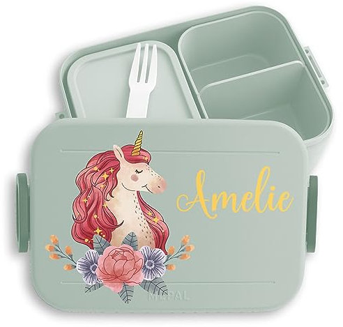 Kinder Bento Box Midi für Mepal Bentobox - Einhörner - Brotbox Einhorn Lunchbox Unicorn Vesperbox Fabelwesen I - 900 ml - Sage Grün - jausenbox kindergarten brotdose mädchen einhörnern