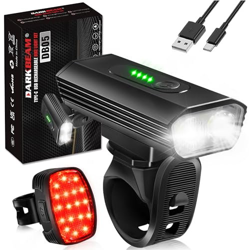 DARKBEAM Kit de luz para bicicleta, recargable por USB, luces de bicicleta superbrillantes, 2 faros LED y luz trasera de 18 LED, luces de ciclismo de 6+5 modos, IPX5 impermeable, adecuado para adultos