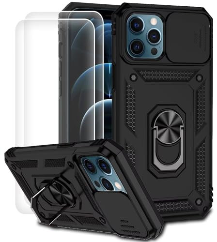 Dechyi Coque pour iPhone 12 Pro Max Housse avec Verre TrempéLentille Coulissante Couverture Support d’Anneau Rotatif Armor Silicone Étui Antichoc Bumper-Noir