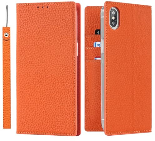 ELTEKER Hülle iPhone X/XS Handyhülle [Echtes Leder] Klapphülle mit Kartenfach,Schutzhülle Leder Hülle für iPhone X/iPhone XS-Orange
