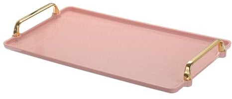 PATIKIL Plastic Serving Tray with Golden Handle, 16.1 x 8.7 Modern Rectangular Decorative Tray Reusable Jewelry Platter for Countertop Bathroom Kitchen, Pink