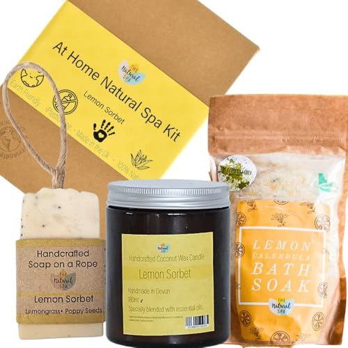The Natural Spa At Home Natural Spa Gift Bundle - Bath Salts , Coconut wax candle and handmade soap on a rope women gift set, Bath Sets (Lemon Sorbet)