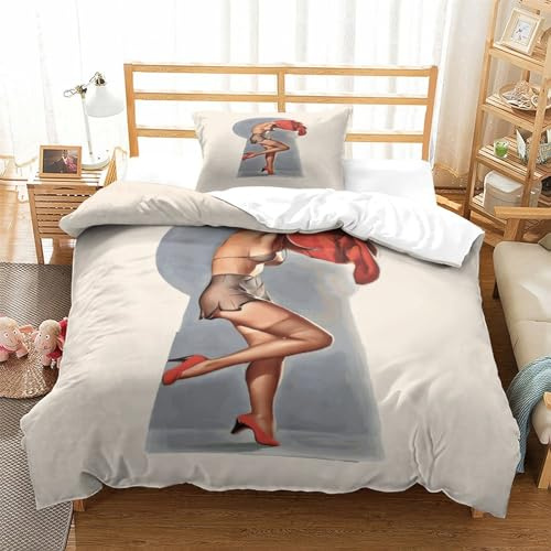 AAHARYA Weiches Bettbezug-Set für Erwachsene, Vintage-Pinup-Girl-Artwork, Bettbezug-Set mit coolen Mustern, wendbar, mit Kissenbezug, Einzelbett (135 x 200 cm)