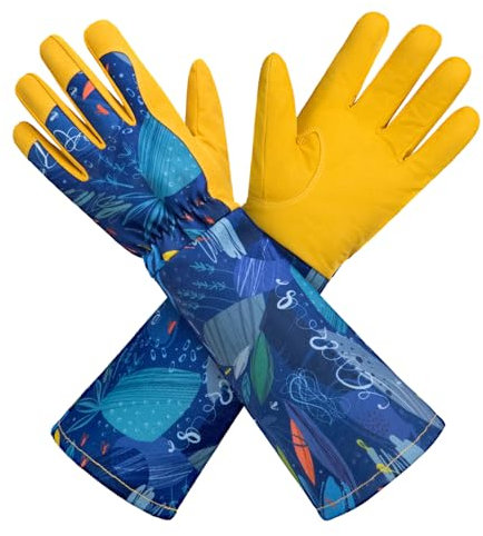 KAYGO Lange Gartenhandschuhe für Damen, Kunstleder Gauntlet Wasserabweisend Rosenhandschuhe, Garten Arbeitshandschuhe für Gartenarbeit Hausarbeit Unterarm Schutz vor Dornen, KG129L (Gelb & Blau, L)