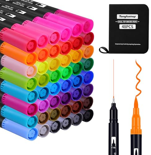 Tongfushop Dual Brush Pen Set, 48 Farben Doppelseitig Pinselstifte Aquarell Marker Fineliner Set, Filzstifte Dicke und Dünne Für Erwachsene Kalligraphie Handlettering Manga Malbücher Journal