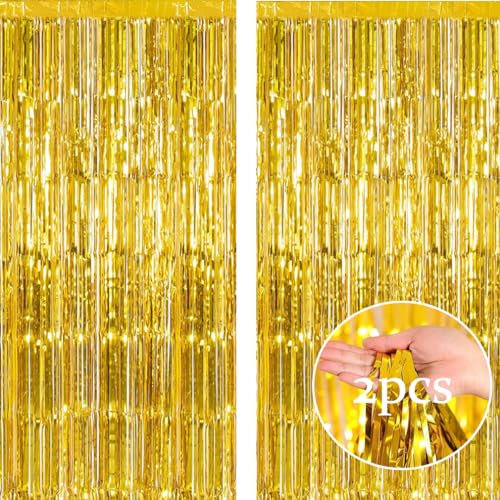 Tinsel Curtain - 2pcs 3.2ft x 6.5ft Tinsel Curtains Pastel Foils Fringe Party Decoration Background Door Curtains Hanging Streamers for Birthday Child School Party (Gold)