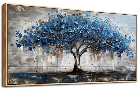 MHARTK66 Blauer Baum Bilder Mit Rahmen Holz, Bäume Natur Leinwand Bilde Aesthetic, 50x100 cm Groß Wandbilder Wohnzimmer, Modern Wanddeko Kunstdruck Schlafzimmer Esszimmer Büro Küche