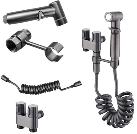 WakiHong Douchette WC Kit Bidet Toilette Kit Douchette Toilette WC avec Vanne 3 Voies Noyau en Laiton,Avec Robinet D'Arret,Kit Douchette WC Gris Pistolet Convient aux Salles de Bains et aux WC