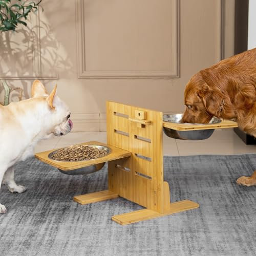 Mora Pets Hundenapf Erhöht Futternapf für Hund mit 4 Höhenverstellbar Futterstation Hunde Napfset aus Bambus Hundebar für Kleine, Mittelgroße, Große Hunde, mit 2 Edelstahl Hundeschüsseln (1,5L x 2)
