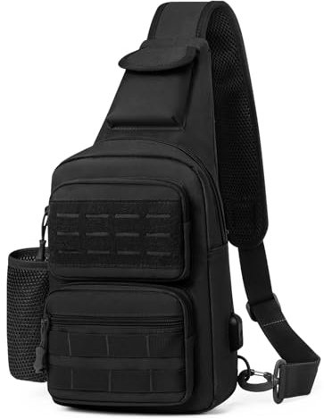 Explokit Taktisch Sling Rucksack Militär Schultertasche MOlle Survival Taktischer Rucksack Crossbody Umhängetasche mit Wasserflaschenhalter für Trekking Camping Reisen Jagd (#01-Schwarz)