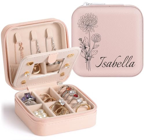 Personalised Leather Jewellery Box with Birth Flower, Small Jewellery Organiser for Women, Rings, Earrings, Necklace