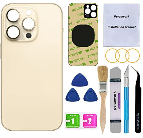 Perzework OEM Ersatz-Rückglas für iPhone 14 Pro, 15,5 cm (6,1 Zoll), mit Reparatur-Werkzeugset, Anleitung und Panzerglas (Gold)
