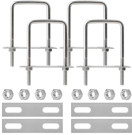 4 Piezas Pernos U M8, 60 x 120 mm Perno Cuadrado en U de Acero Inoxidable, Pernos Forma U M8, con 8 Tuercas y 4 Placas de Estructura, para Plomería, Instalación Solar Fija, Tracción de Automóviles