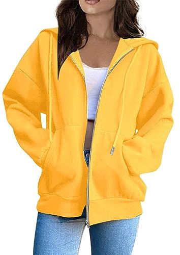 Womens Hoodies, Womens Plain Zip Up Hoodie Ladies Hoody Soft Casual Hooded Sweatshirt Top Long Sleeve Jacket Jumper, Yellow,XL,U97K
