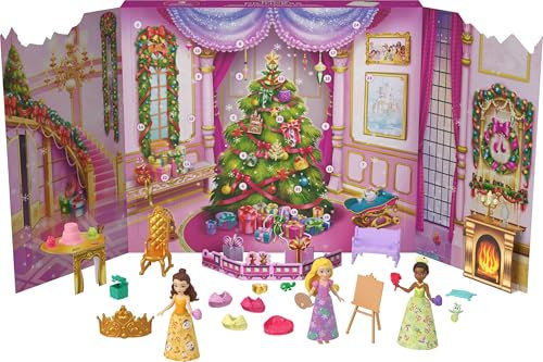 Mattel Disney Princess-Puppe Adventskalender mit 24 Tagen voller Überraschungen, enthält 3 kleine Puppen, 3 Freunde, 6 Moden und 16 von den Filmen inspirierte Zubehörteile, JFG79