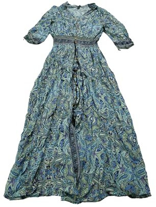 Allegra K Women's Boho Floral Maxi Dress Half Puff Sleeve V Neck Smocked Waist Summer Beach Flowy Dresses Blue L
