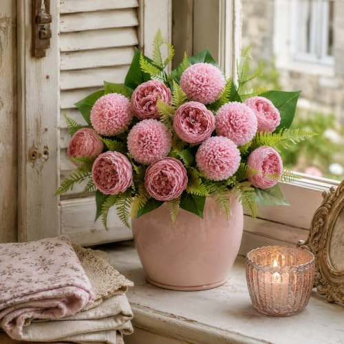 astylishome Artificial Flowers Fake Peony Artificial Flowers Pink Realistic Silk Peony Bouquets Green Leaves for Wedding Home Kitchen Garden Party Window Table Photo Decoration 4211