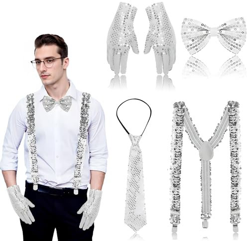 boocooberg 4pcs 20er Jahre Kostüm Herren,Karneval Glitzer Hosenträger Herren,Glitzer Kostüm Accessoires Herren,Kostüm Zubehör Pailletten Herren,Festival Kostüm Herren Karneval Party Zubehör